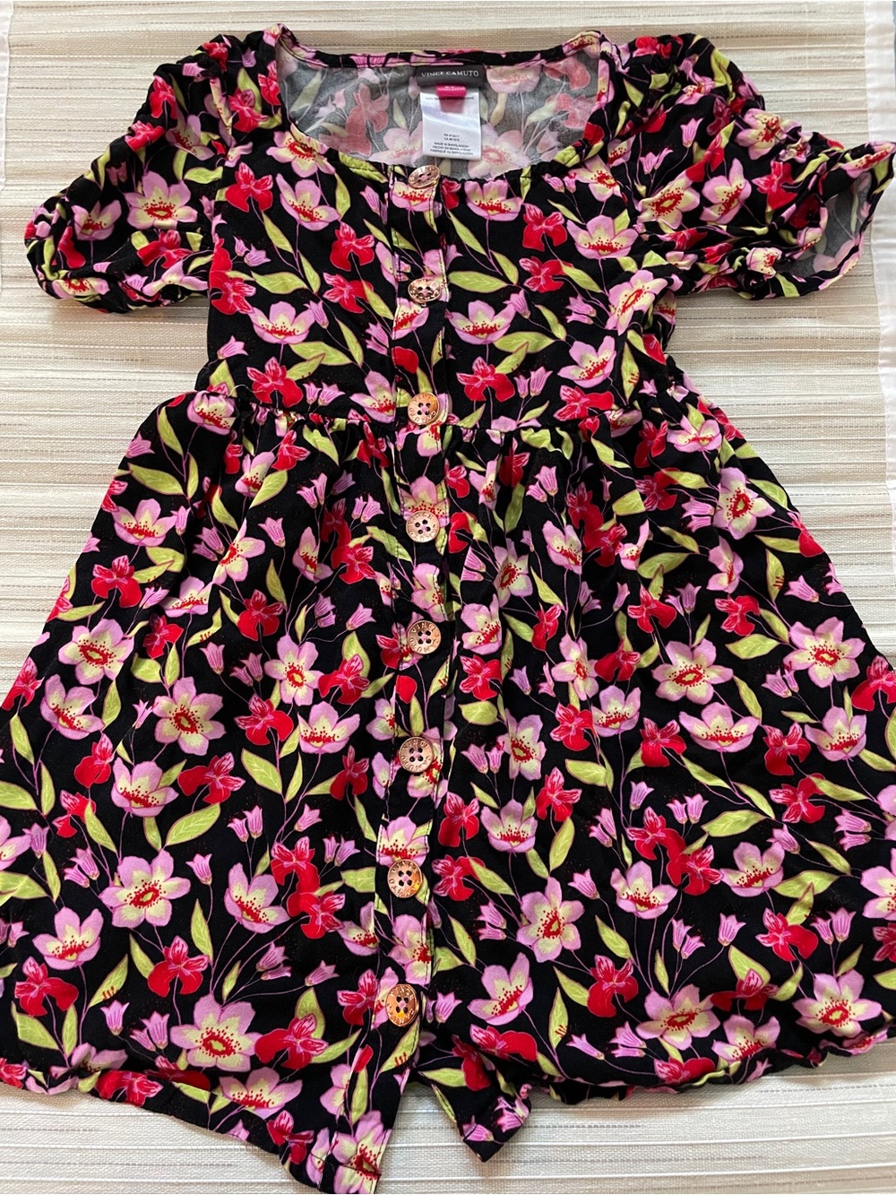 Vince Camuto Black Floral Button-Front Girls Dress with Pink & Green Print
